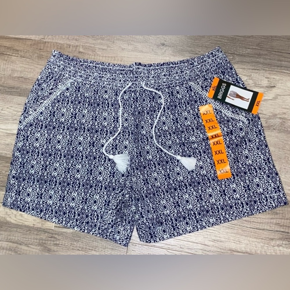 NWT Briggs XXL Blue and White Ikat Print Linen Womens Pull On Shorts